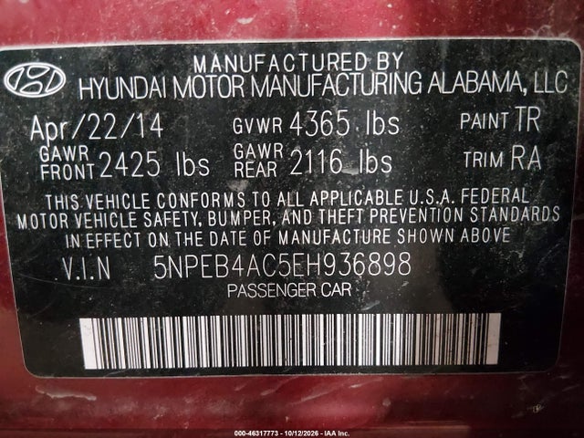 46317773 :رقم المزاد ، 5NPEB4AC5EH936898 vin ، 2014 Hyundai Sonata Gls مزاد بيع