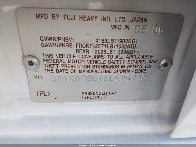 Продаж на аукціоні авто 2006 Subaru Impreza Wrx Sti, vin: JF1GD70616L525372, номер лоту: 46317804