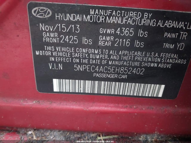 2014 Hyundai Sonata Limited მანქანა იყიდება აუქციონზე, vin: 5NPEC4AC5EH852402, აუქციონის ნომერი: 46317824