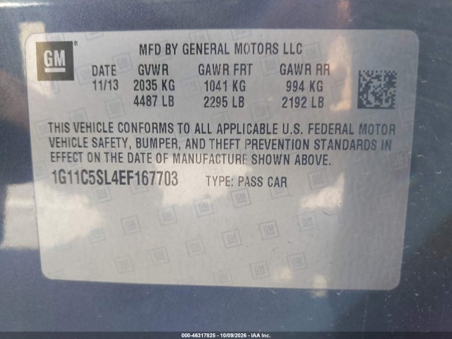 46317825 :رقم المزاد ، 1G11C5SL4EF167703 vin ، 2014 Chevrolet Malibu 1lt مزاد بيع