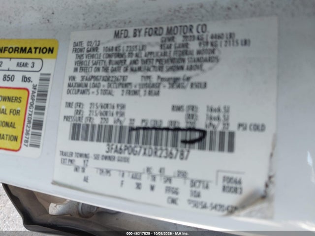Aukcja sprzedaży 2013 Ford Fusion S, vin: 3FA6P0G7XDR236787, numer aukcji: 46317829