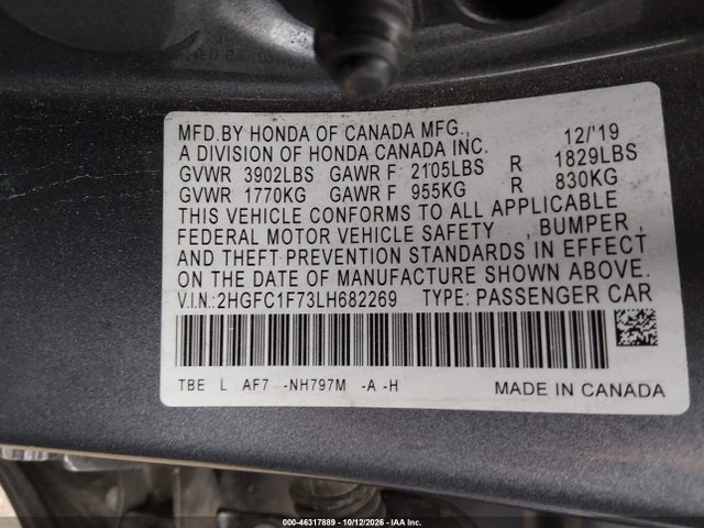 Aukcja sprzedaży 2020 Honda Civic Ex-l, vin: 2HGFC1F73LH682269, numer aukcji: 46317889