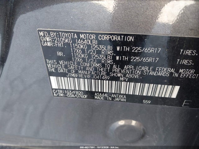 Продаж на аукціоні авто 2015 Toyota Rav4 Le, vin: JTMBFREV4FJ041489, номер лоту: 46317891