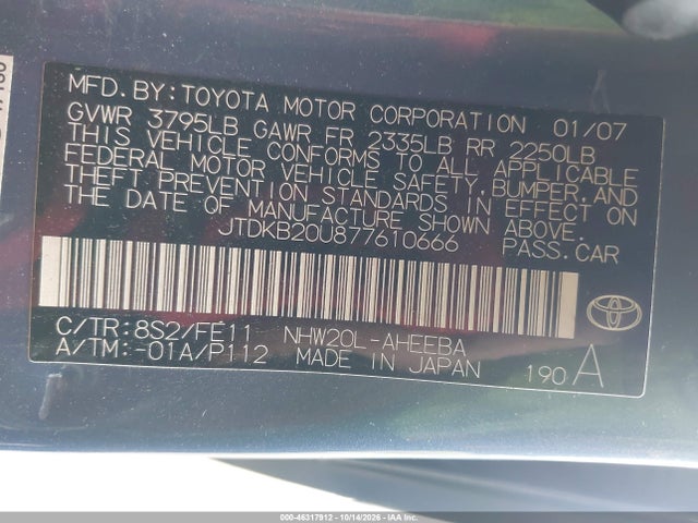 46317912 :رقم المزاد ، JTDKB20U877610666 vin ، 2007 Toyota Prius مزاد بيع
