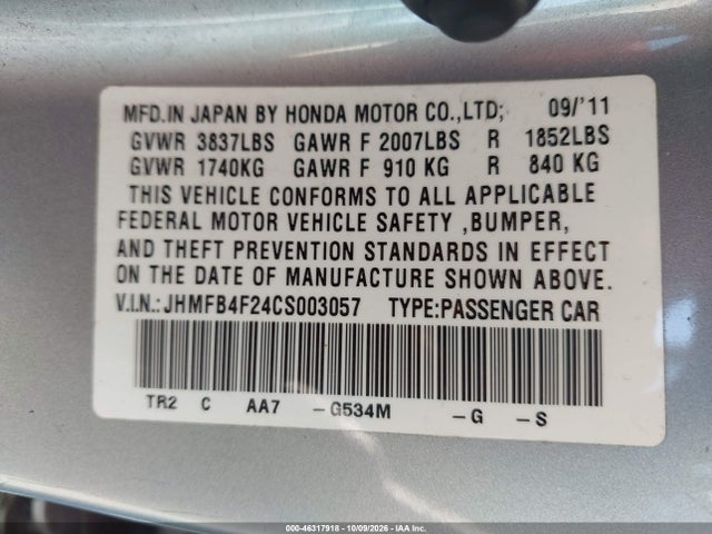 Aukcja sprzedaży 2012 Honda Civic Hybrid, vin: JHMFB4F24CS003057, numer aukcji: 46317918
