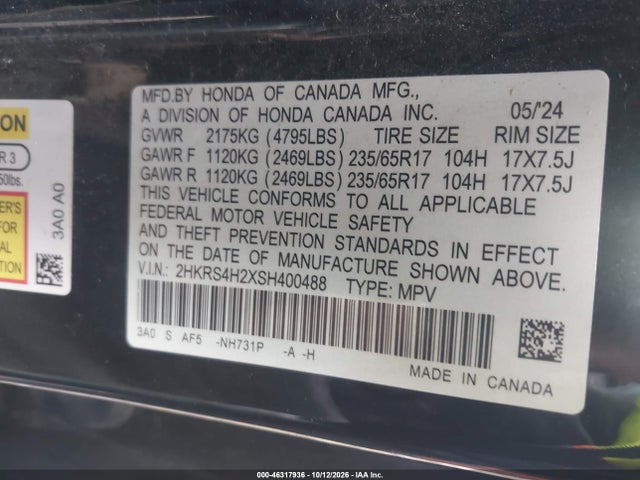 2025 Honda Cr-v Lx Awd მანქანა იყიდება აუქციონზე, vin: 2HKRS4H2XSH400488, აუქციონის ნომერი: 46317936