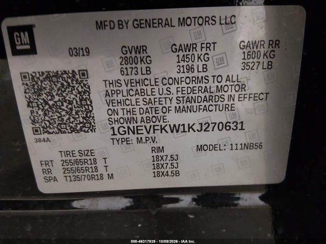 Aukcja sprzedaży 2019 Chevrolet Traverse Ls, vin: 1GNEVFKW1KJ270631, numer aukcji: 46317939