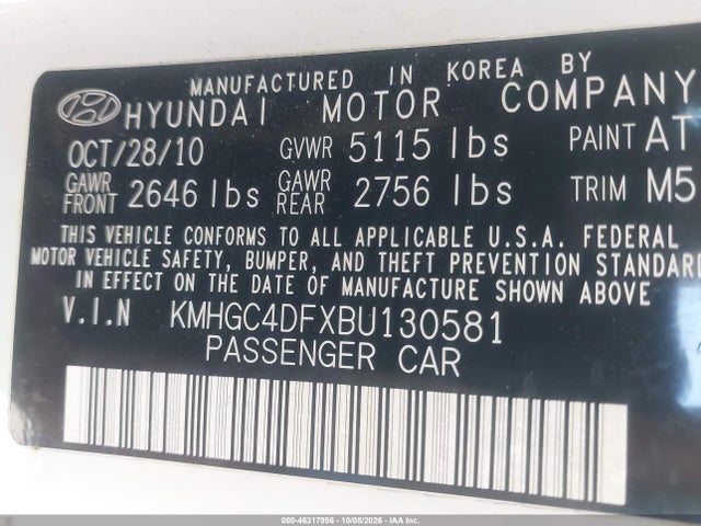 Aukcja sprzedaży 2011 Hyundai Genesis 4.6, vin: KMHGC4DFXBU130581, numer aukcji: 46317996