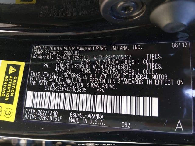 Aukcja sprzedaży 2012 Toyota Highlander Base V6, vin: 5TDBK3EH4CS163805, numer aukcji: 46318003
