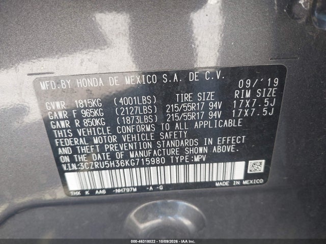 2019 Honda Hr-v Lx მანქანა იყიდება აუქციონზე, vin: 3CZRU5H36KG715980, აუქციონის ნომერი: 46318022