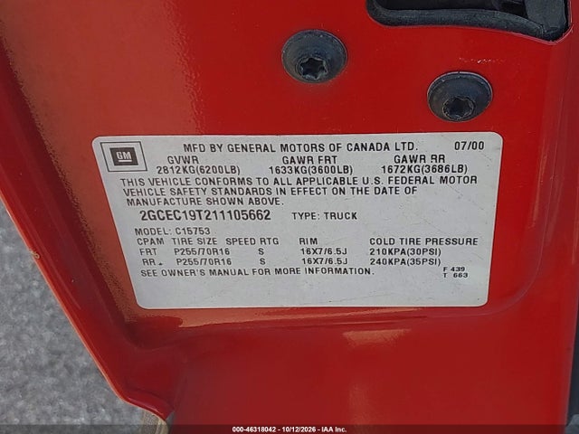 46318042 :رقم المزاد ، 2GCEC19T211105662 vin ، 2001 Chevrolet Silverado 1500 Ls مزاد بيع