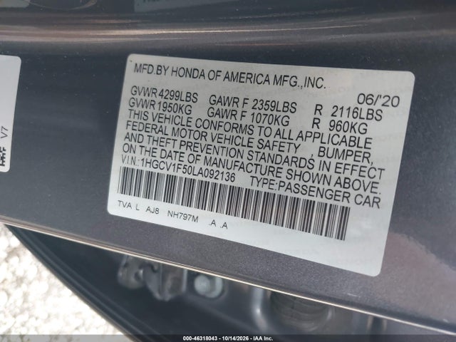 Aukcja sprzedaży 2020 Honda Accord Ex-l, vin: 1HGCV1F50LA092136, numer aukcji: 46318043