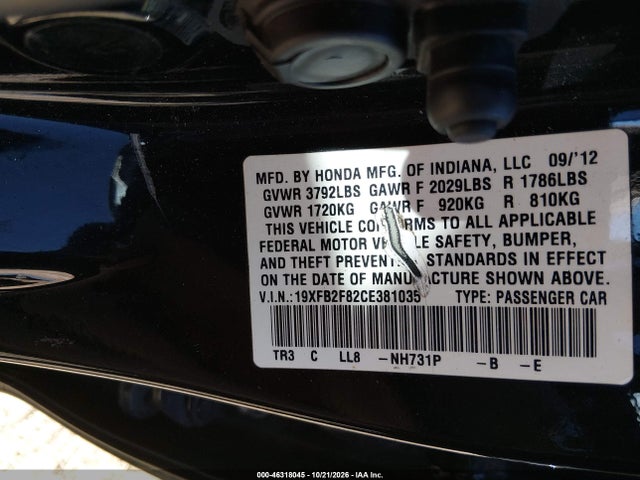 Aukcja sprzedaży 2012 Honda Civic Ex, vin: 19XFB2F82CE381035, numer aukcji: 46318045