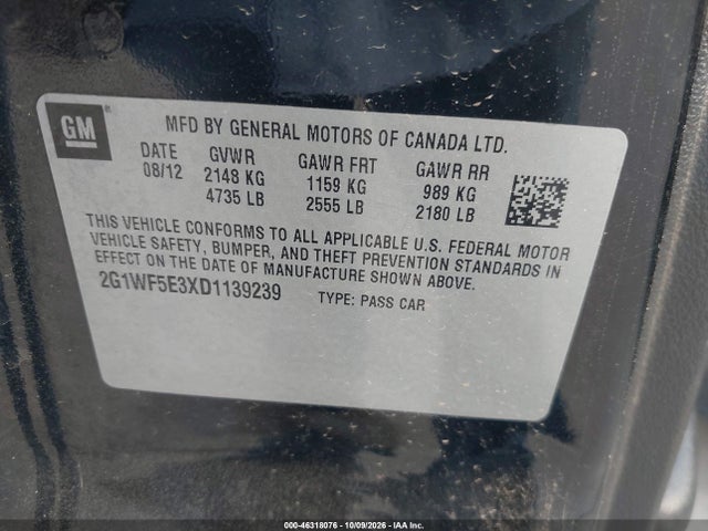 46318076 :رقم المزاد ، 2G1WF5E3XD1139239 vin ، 2013 Chevrolet Impala Ls مزاد بيع