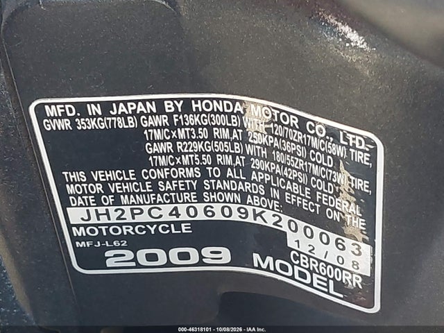 Aukcja sprzedaży 2009 Honda Cbr600 Rr, vin: JH2PC40609K200063, numer aukcji: 46318101