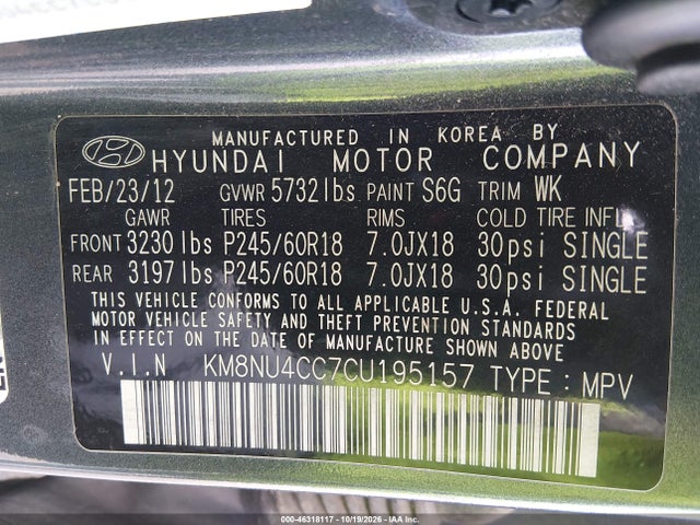 Продаж на аукціоні авто 2012 Hyundai Veracruz Limited, vin: KM8NU4CC7CU195157, номер лоту: 46318117