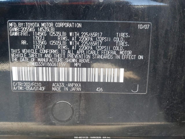 Aukcja sprzedaży 2008 Toyota Rav4, vin: JTMBD33V186061159, numer aukcji: 46318120