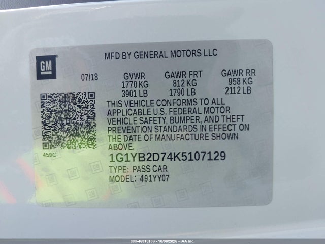 46318139 :رقم المزاد ، 1G1YB2D74K5107129 vin ، 2019 Chevrolet Corvette Stingray مزاد بيع