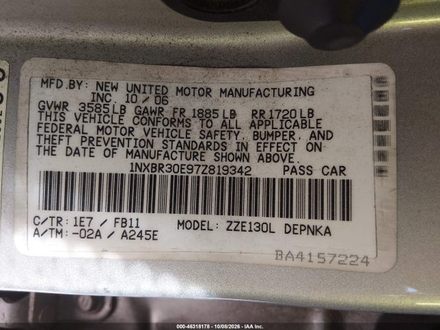 46318178 :رقم المزاد ، 1NXBR30E97Z819342 vin ، 2007 Toyota Corolla Le مزاد بيع