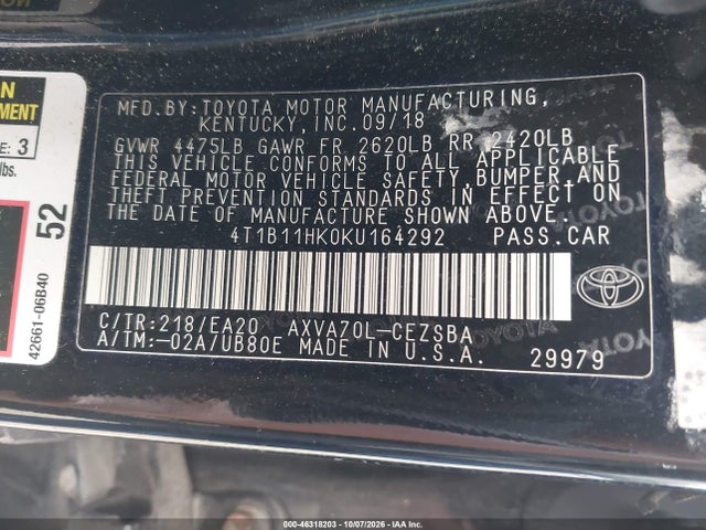 Продаж на аукціоні авто 2019 Toyota Camry Se, vin: 4T1B11HK0KU164292, номер лоту: 46318203