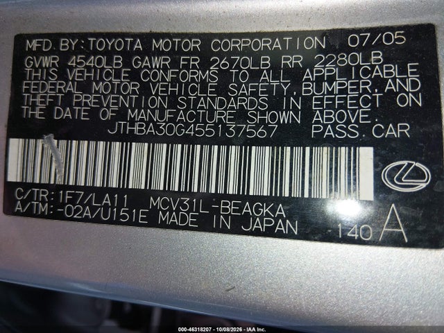 46318207 :رقم المزاد ، JTHBA30G455137567 vin ، 2005 Lexus Es 330 مزاد بيع