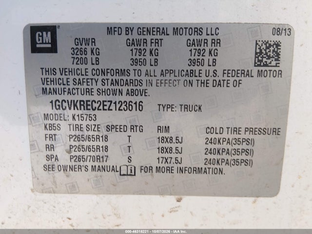 2014 Chevrolet Silverado 1500 1lt მანქანა იყიდება აუქციონზე, vin: 1GCVKREC2EZ123616, აუქციონის ნომერი: 46318221