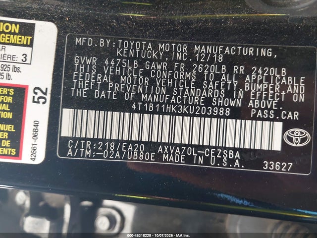 46318228 :رقم المزاد ، 4T1B11HK3KU203988 vin ، 2019 Toyota Camry Se مزاد بيع