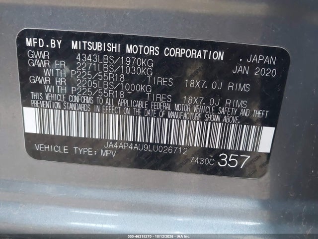 JA4AP4AU9LU026712 Mitsubishi Outlander Sport 2.0 Se