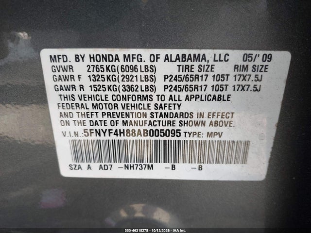 Продаж на аукціоні авто 2010 Honda Pilot Touring, vin: 5FNYF4H88AB005095, номер лоту: 46318278