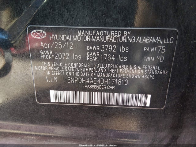 Продаж на аукціоні авто 2013 Hyundai Elantra Limited, vin: 5NPDH4AE4DH171810, номер лоту: 46318291
