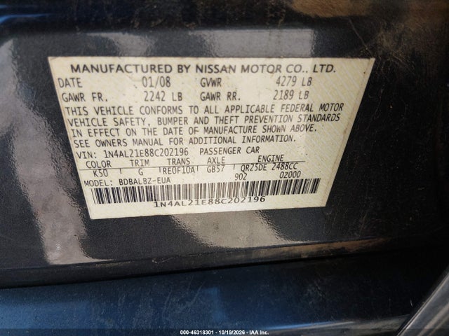 Aukcja sprzedaży 2008 Nissan Altima 2.5 S, vin: 1N4AL21E88C202196, numer aukcji: 46318301
