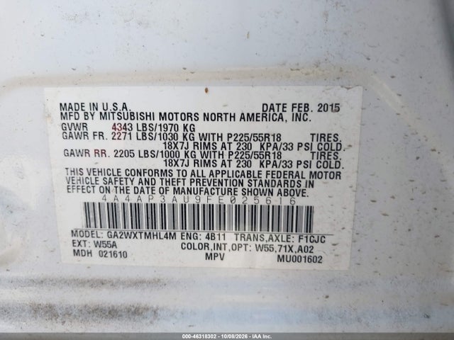 2015 Mitsubishi Outlander Sport Es მანქანა იყიდება აუქციონზე, vin: 4A4AP3AU9FE025616, აუქციონის ნომერი: 46318302