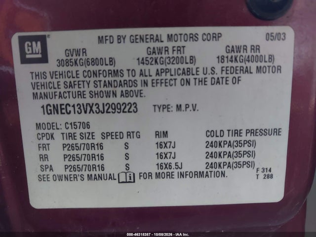Aukcja sprzedaży 2003 Chevrolet Tahoe Ls, vin: 1GNEC13VX3J299223, numer aukcji: 46318387