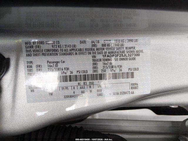 Продажа на аукционе авто 2018 Ford Focus Se, vin: 1FADP3F25JL327300, номер лота: 46318400