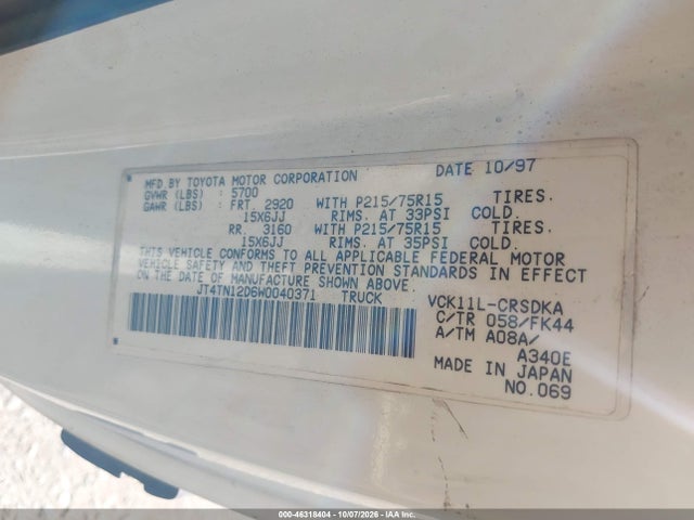 Aukcja sprzedaży 1998 Toyota T100 Dx V6, vin: JT4TN12D6W0040371, numer aukcji: 46318404