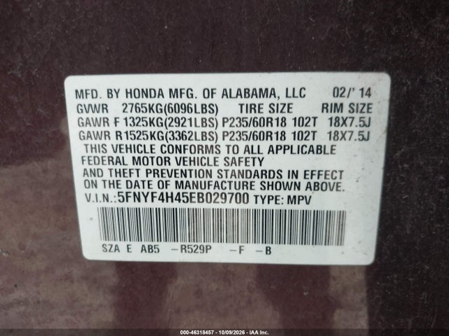 46318457 :رقم المزاد ، 5FNYF4H45EB029700 vin ، 2014 Honda Pilot Ex مزاد بيع