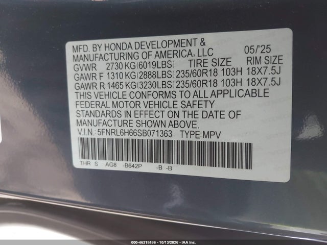 Honda Odyssey Ex-l 2025 5FNRL6H66SB071363 Image 9