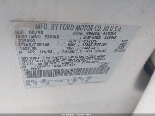 1999 Ford F350 Srw Super Duty მანქანა იყიდება აუქციონზე, vin: 1FTSW31F3XEB83595, აუქციონის ნომერი: 46318506