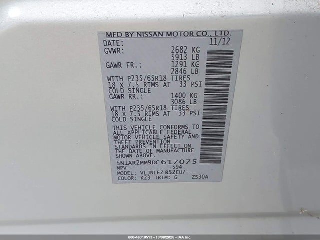 2013 Nissan Pathfinder Sv მანქანა იყიდება აუქციონზე, vin: 5N1AR2MM9DC617075, აუქციონის ნომერი: 46318513