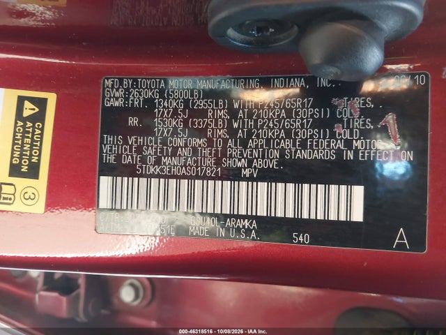 46318516 :رقم المزاد ، 5TDKK3EH0AS017821 vin ، 2010 Toyota Highlander Se V6 مزاد بيع