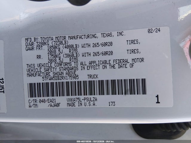Aukcja sprzedaży 2024 Toyota Tundra Limited, vin: 5TFWA5DB2RX175905, numer aukcji: 46318536