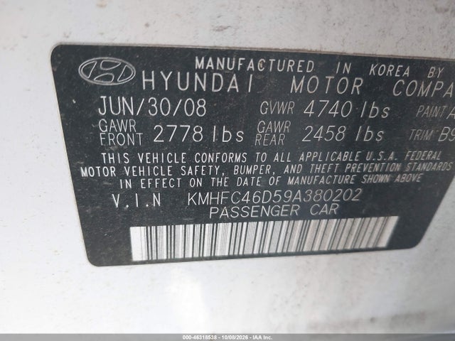 46318538 :رقم المزاد ، KMHFC46D59A380202 vin ، 2009 Hyundai Azera Gls مزاد بيع