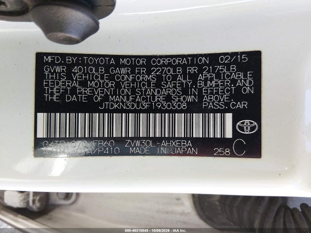 46318545 :رقم المزاد ، JTDKN3DU3F1930308 vin ، 2015 Toyota Prius Three مزاد بيع