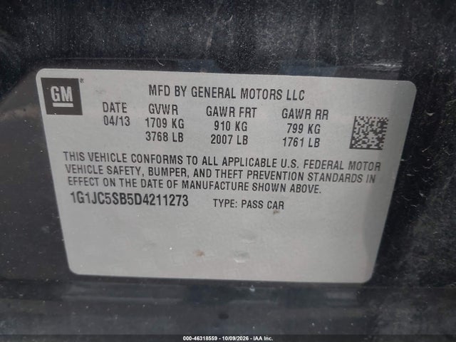 46318559 :رقم المزاد ، 1G1JC5SB5D4211273 vin ، 2013 Chevrolet Sonic Lt Auto مزاد بيع