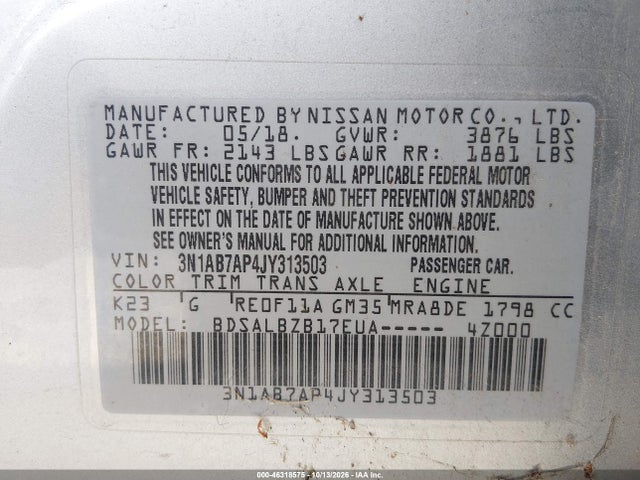 2018 Nissan Sentra S მანქანა იყიდება აუქციონზე, vin: 3N1AB7AP4JY313503, აუქციონის ნომერი: 46318575