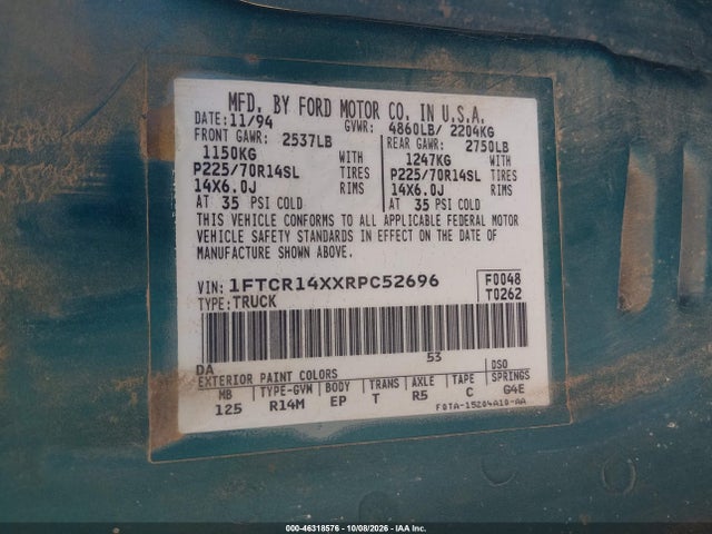 46318576 :رقم المزاد ، 1FTCR14XXRPC52696 vin ، 1994 Ford Ranger Super Cab مزاد بيع