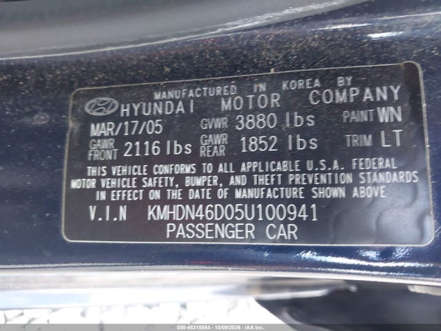 2005 Hyundai Elantra Gls/gt მანქანა იყიდება აუქციონზე, vin: KMHDN46D05U100941, აუქციონის ნომერი: 46318584