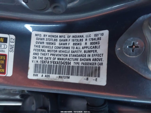 Продажа на аукционе авто 2010 Honda Civic Ex, vin: 19XFA1F8XAE042694, номер лота: 46318599