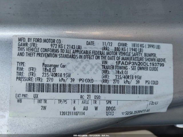 Продажа на аукционе авто 2013 Ford Focus Titanium, vin: 1FADP3N20DL193799, номер лота: 46318606