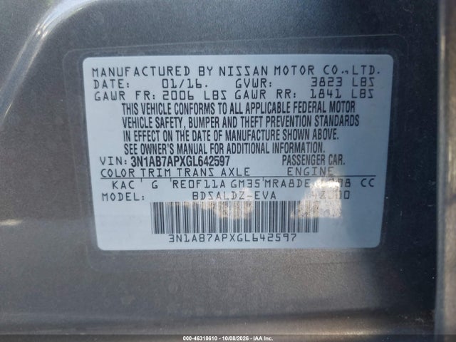 Продаж на аукціоні авто 2016 Nissan Sentra Fe+ S/s/sl/sr/sv, vin: 3N1AB7APXGL642597, номер лоту: 46318610